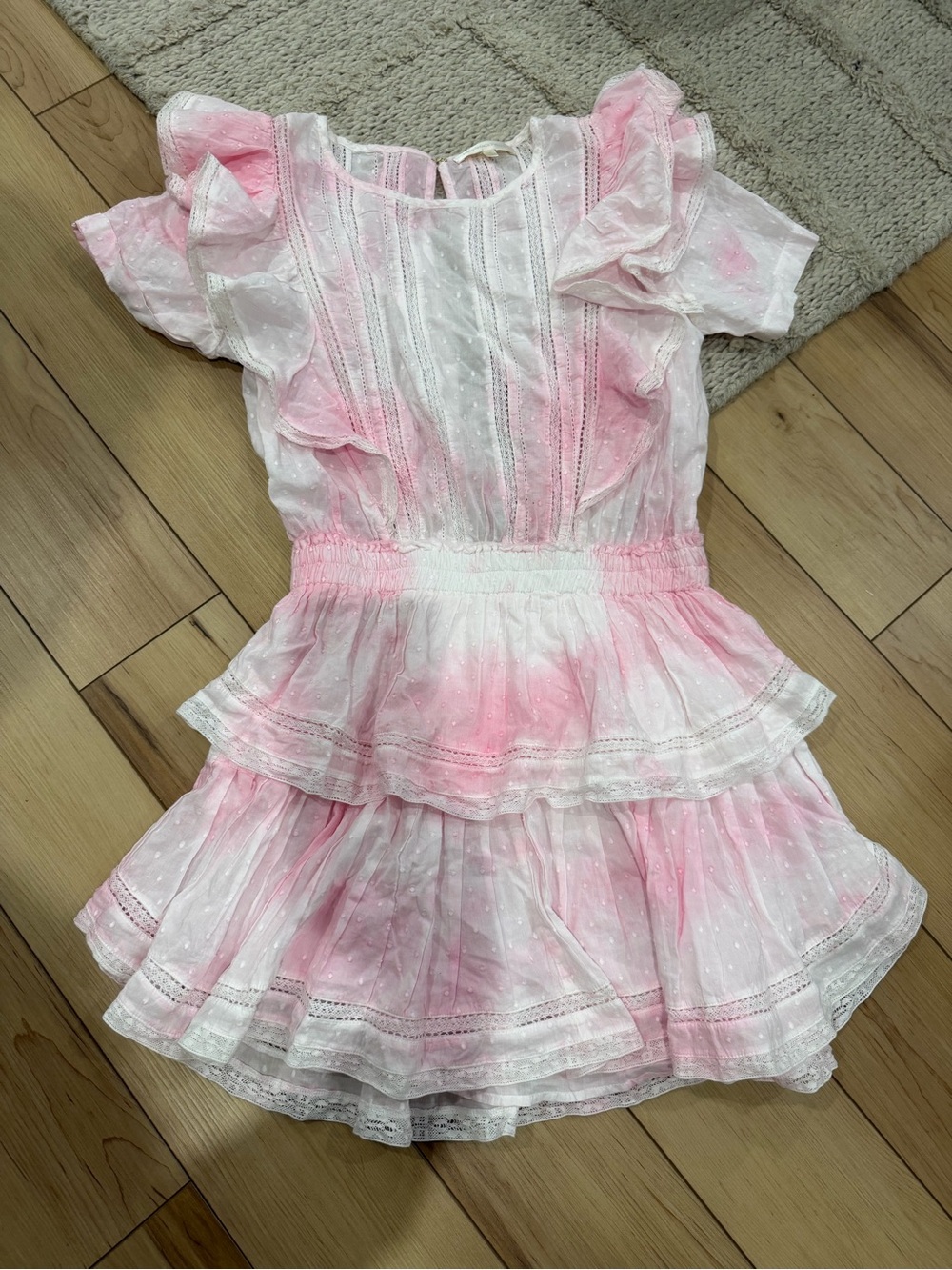 LoveShackFancy women’s Pink and White Ruffle Tiered Dress